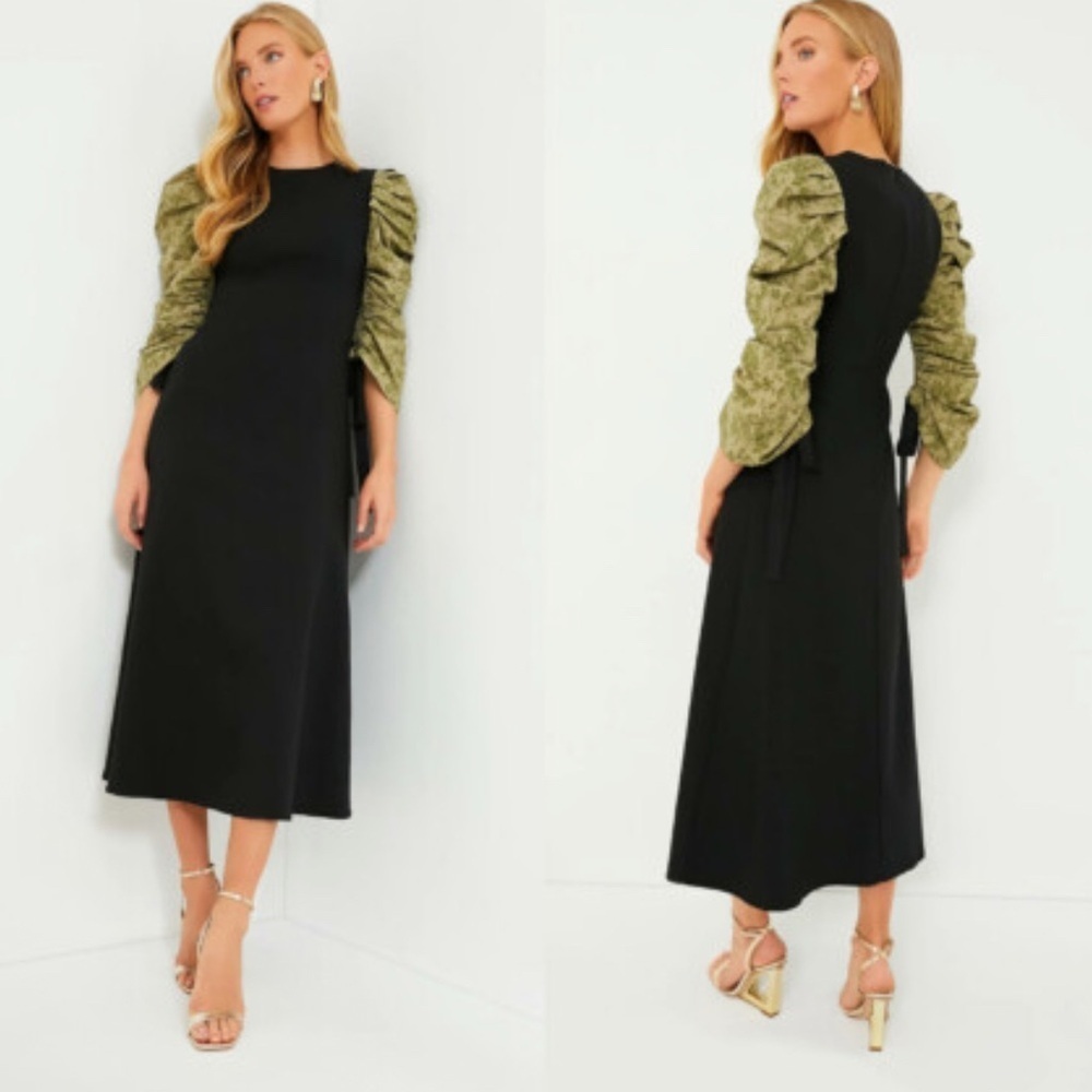 NEW TUCKERNUCK HYACINTH HOUSE Black Juliet Maxi Dress Green Printed Sleeves L